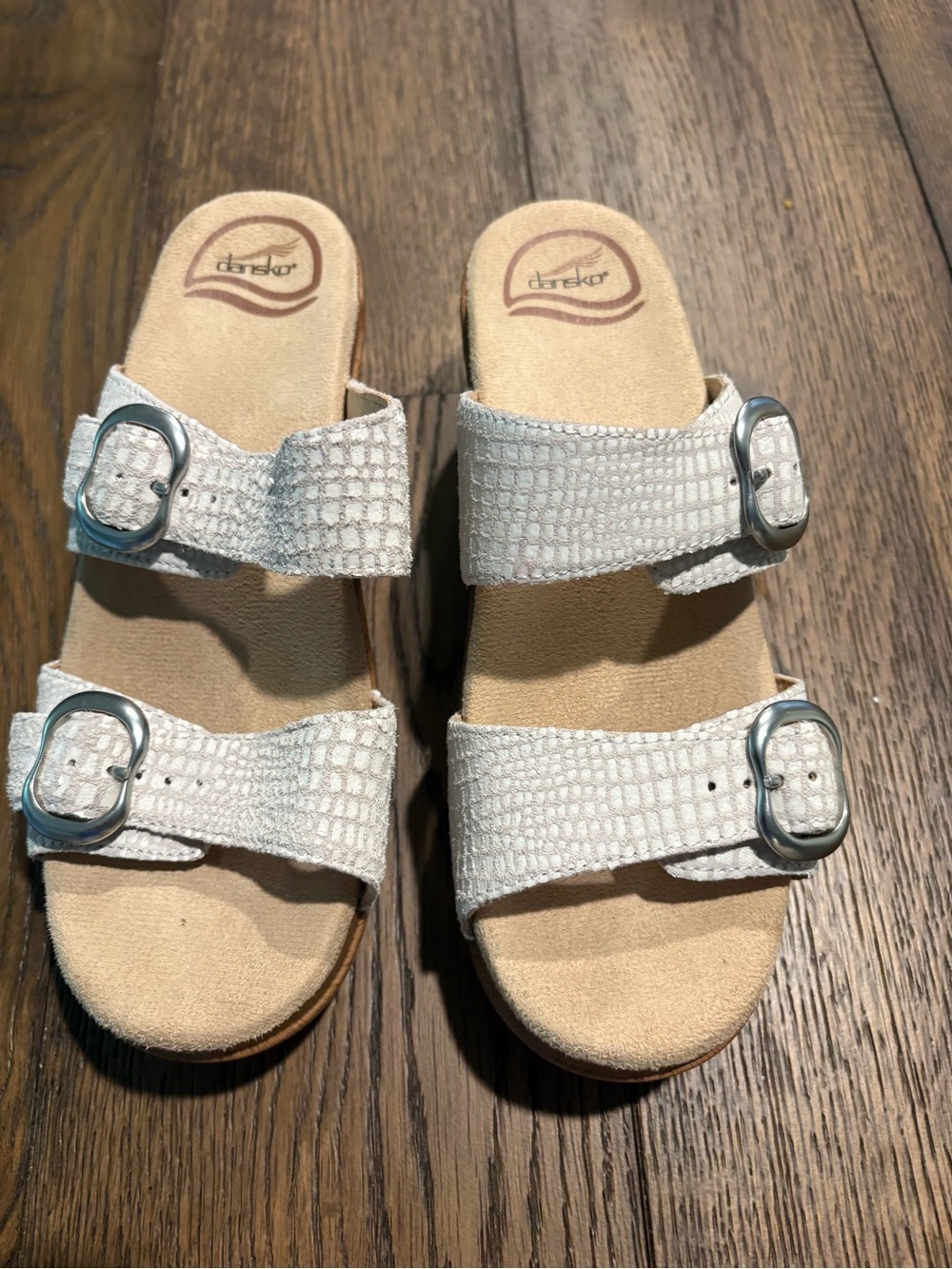 Dansko Women’s Cream Textured Double-Buckle Slide Sandals
